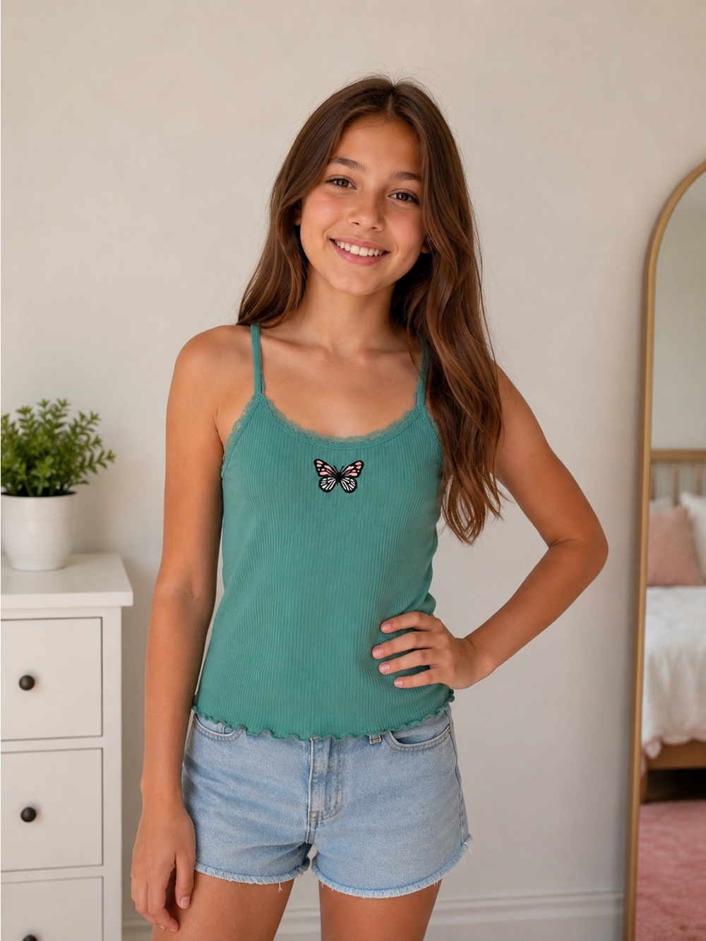 NWT GIRLS LARGE 10 / 12 TURQUOISE RIBBED BUTTERFLY TANK TOP​​​​​​​​